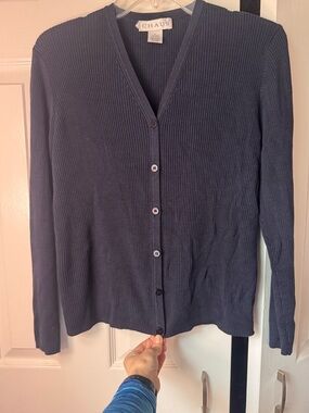 Chaus Women's Navy Ribbed Button Cardigan Sweater Silk size Large
